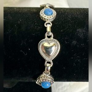 CAROL FELLEY Vintage 925 Sterling Silver Denim Lapis Heart Link Bracelet